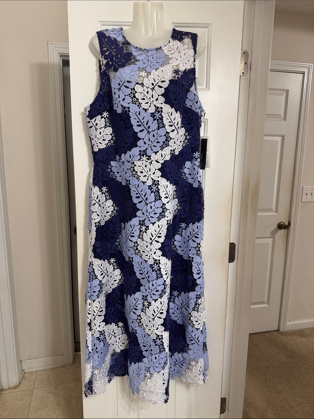 Maggy London Navy, Light Blue & White Floral Lace Midi Dress
